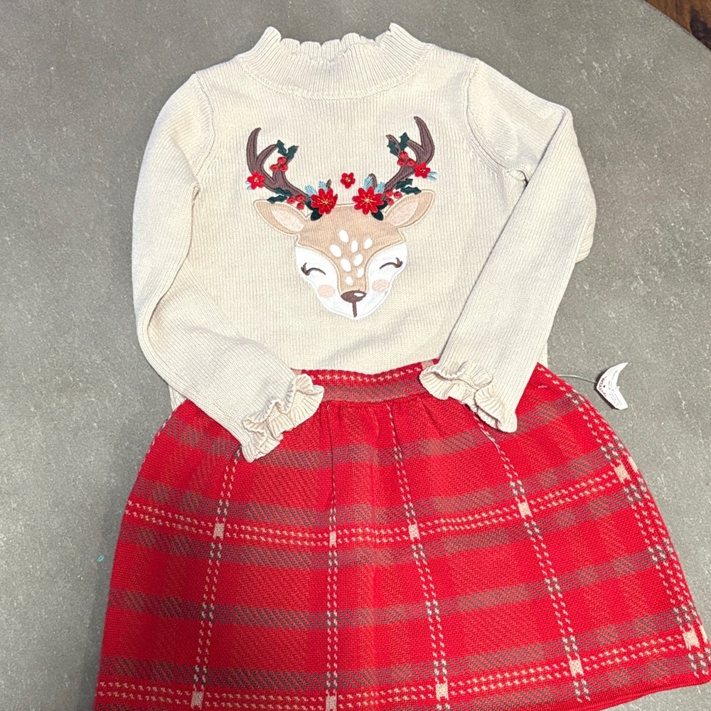 Festive Toddler Deer Sweater and Red Plaid Skirt Set Size 5T